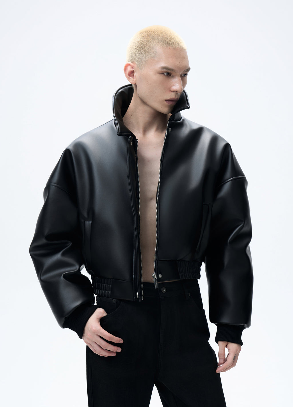 25FW HIGH-COLLAR LEATHER PUFFER